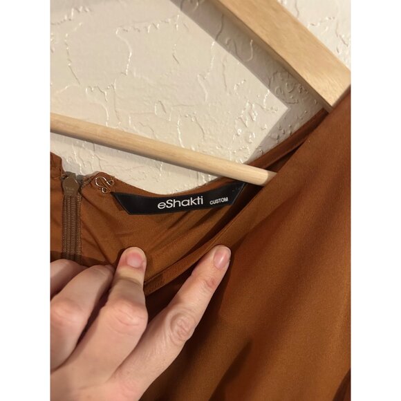 Y eShakti Retro Mocha Brown V Neck Ruched Middle Swing Midi Dress - Picture 10 of 15